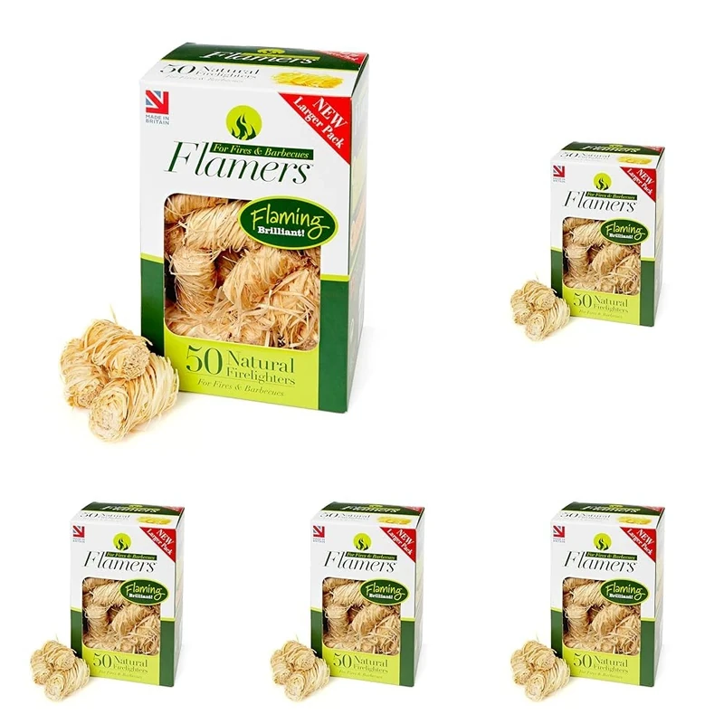 Flamers Firelighters - 50 Units Natural Fire Lighters for Wood Burner Firepit Bbq Pizza Oven Fireplace Chimenea Barbecue Fire Starter - Firestarter for Kiln Dried Kindling Log Coal Charcoal Briquette