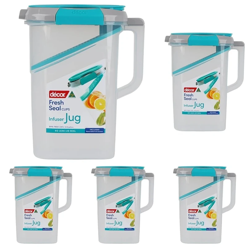 Décor Fresh Seal Clips Large Water Jug with Removable Fruit Infuser | BPA-Free & Leakproof | Fridge Door Jug | 2.4L Capacity (Pack of 5)