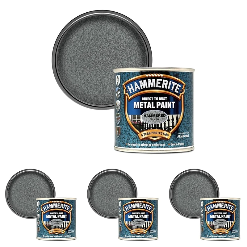 Hammerite Direct to Rust Metal Paint - Hammered Silver Finish 250ML (Pack of 4)