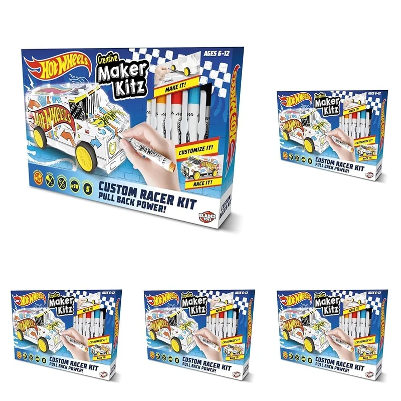 BLADEZ Hot Wheels Custom Super Van, DIY Van, Make Your Own/Build Your Own, Pull Back Vehicle for Kids, Customisable with pens and Stickers, Creative Maker Kitz Toyz (Pack of 5)
