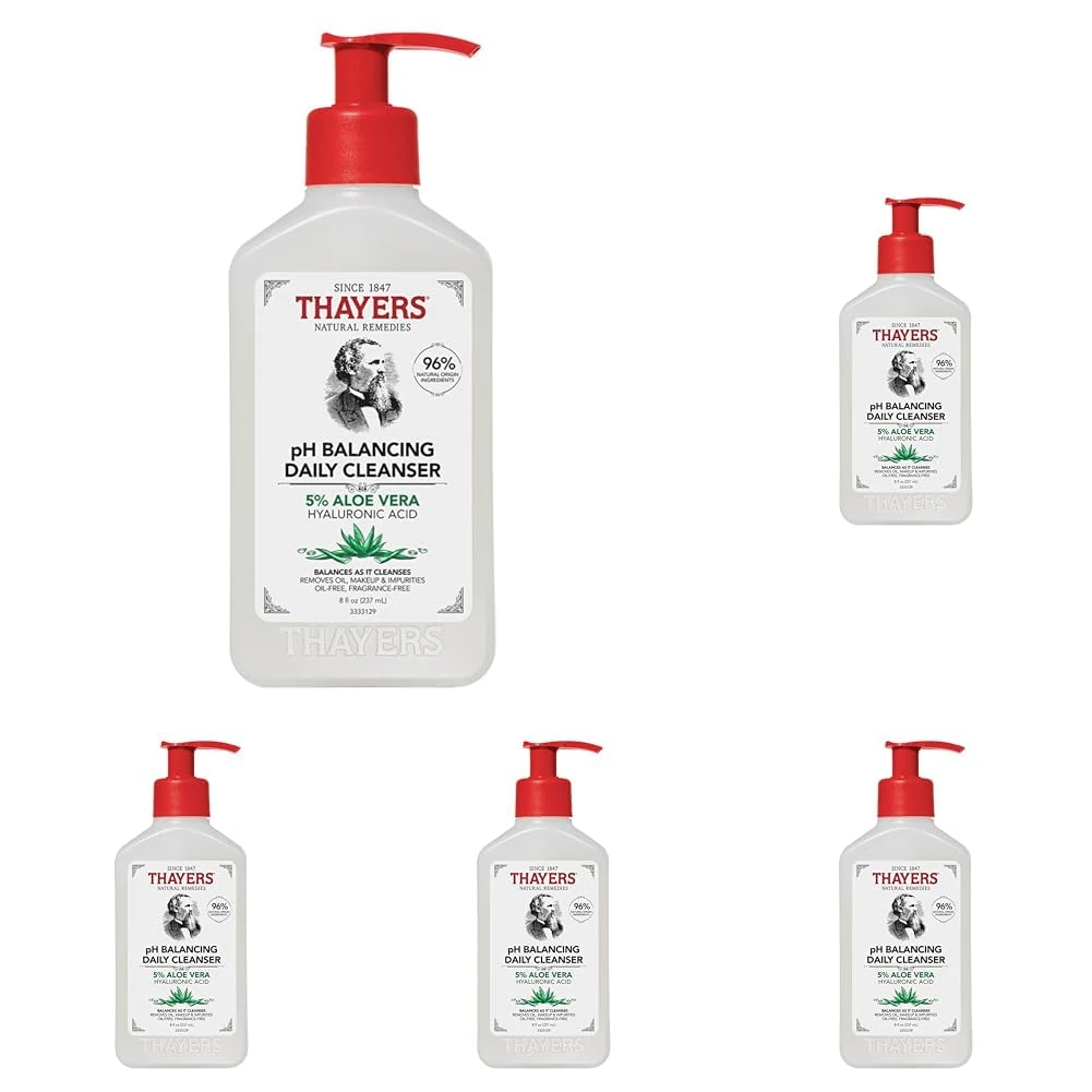 Thayers pH Balancing Daily Cleanser - Face Wash with Aloe Vera - Gentle and Hydrating Skin Care for Dry - Oily or Acne Prone Skin - 237 ml (Pack of 5)