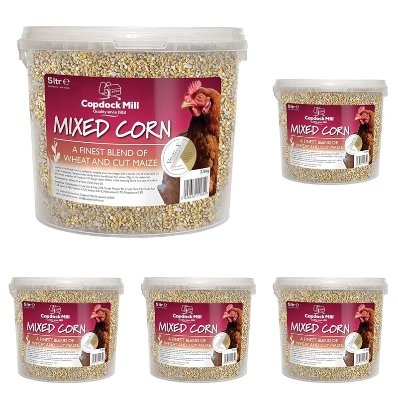 Copdock Mill Mixed Corn Chicken Feed with Verm-X 5L Tub - Poultry & Ducks Food with Wheat & Maize - Verm-X Herbal Wormer (Pack of 5)