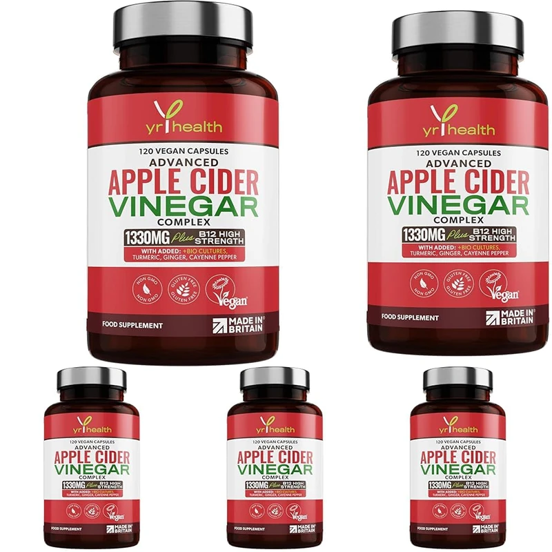 Apple Cider Vinegar Capsules Max Strength with Cayenne Pepper, Bio-Cultures, Turmeric, Ginger, Vitamin B12, 1330mg, 120 Vegan Keto ACV from Apples with Mother, UK Made by YrHealth (Pack of 5)