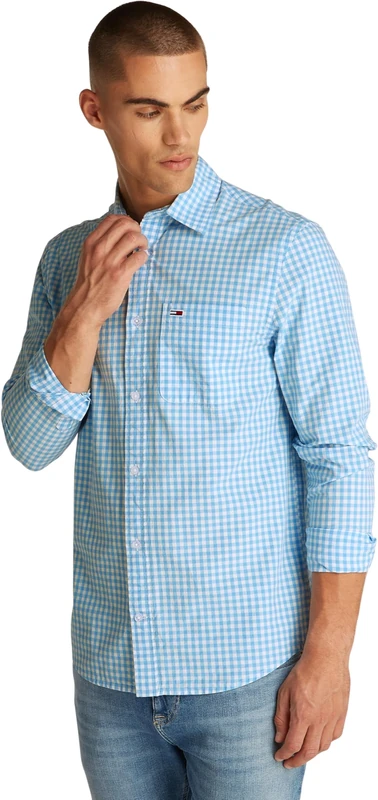 Tommy Jeans Men’s Poplin Check Long Sleeve Shirt, Multicolor (Sugarplum Blue), M
