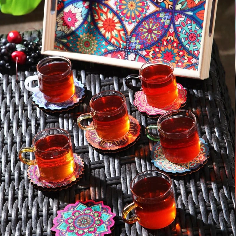 WELL HOME MOBILIARIO & DECORACIÓN Set of Tea Cups (13 Pieces) Borosilicate with Wooden Coasters and Tray 21 x 31 x 4 cm