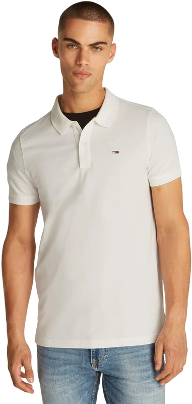 Tommy Jeans Men's Slim Fit Short Sleeve Polo Shirt, White (Ecru), XS