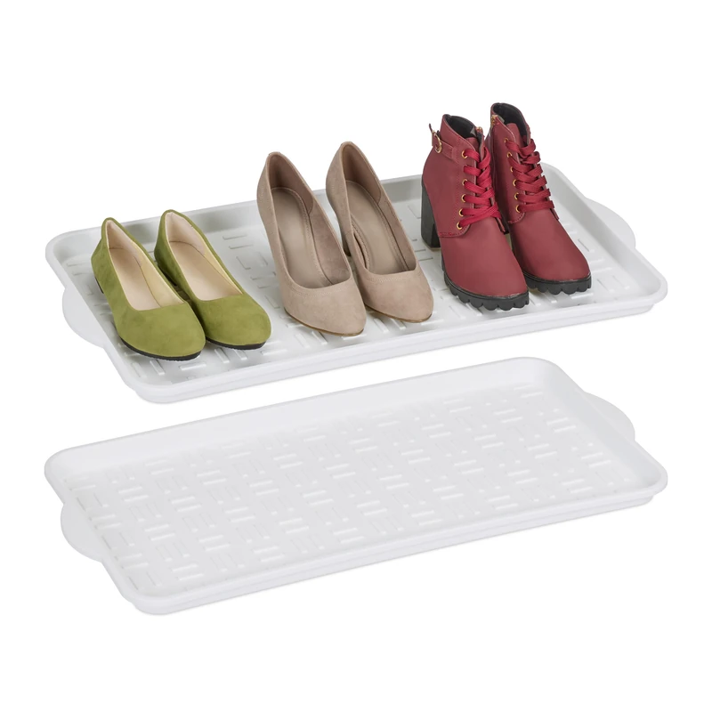 Relaxdays Shoe Drip Tray, Set of 2, Plastic, for 3 Pairs, Hallway Storage for Wet Boots, HxWxD: 3.5 x 74 x 36 cm, White - Image 1