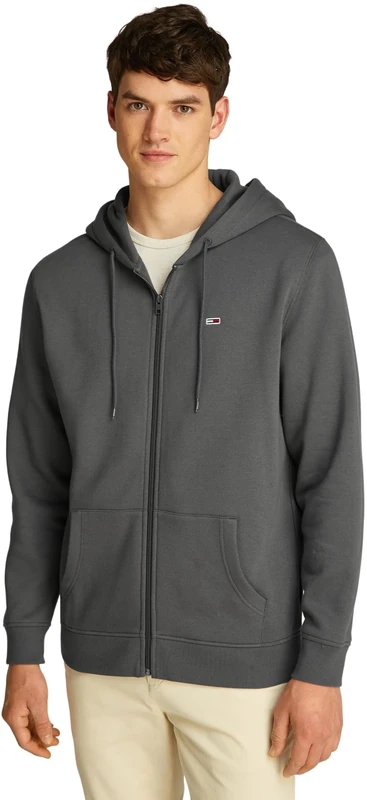 Tommy Jeans Men’s Flag Fleece Zip Through Hoodie, Grey (Washed Black), XS