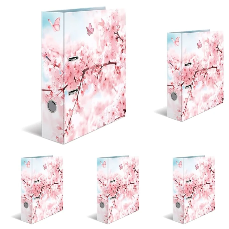HERMA A4 Cherry Blossom Folder - 7 cm Wide Sturdy Cardboard, Colored Inside and Outside, Ring Binder Lever Arch File, Office Motif Folder (Pack of 5)