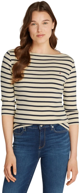 Tommy Hilfiger Women’s Long Sleeve Slim Fit New Cody Top with Boat Neck, Multicolor (Fine STP Country Ivory/Drk N Navy), XXXL