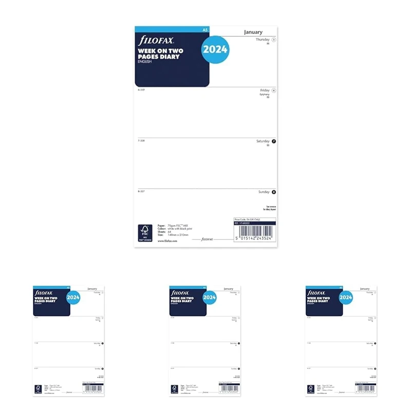 Filofax A5 week on two pages English 2024 diary, White (Pack of 4)