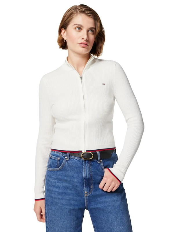 Tommy Jeans Women’s Slim Fit Cable Knit Zipped Jumper, Off-White (Ancient White), XL