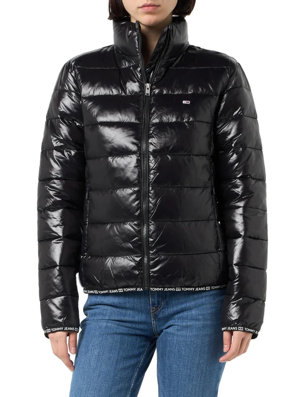 Tommy Jeans Women’s Essential Tape High Shine Puffer Jacket, Black (Black), XL