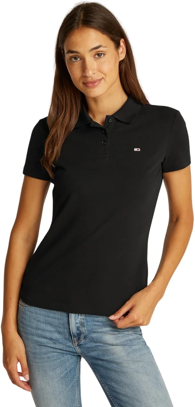 Tommy Jeans Women’s Essential Stretch Slim Fit Short Sleeve Polo Shirt, Black (Black), M