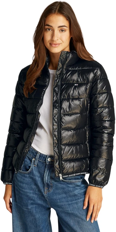 Tommy Jeans Women’s Essential Tape High Shine Puffer Jacket, Black (Black), XL