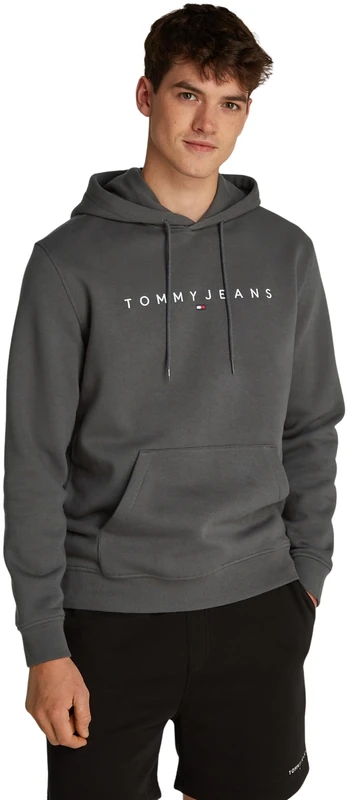 Tommy Jeans Men’s Linear Logo Hoodie, Grey (Washed Black), XS