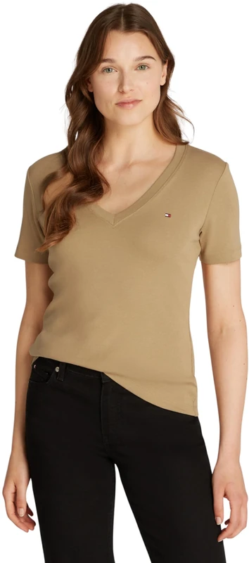 Tommy Hilfiger Women’s Short Sleeve T-Shirt New Slim Cody V-Neck, Beige (Safari Canvas), XXS