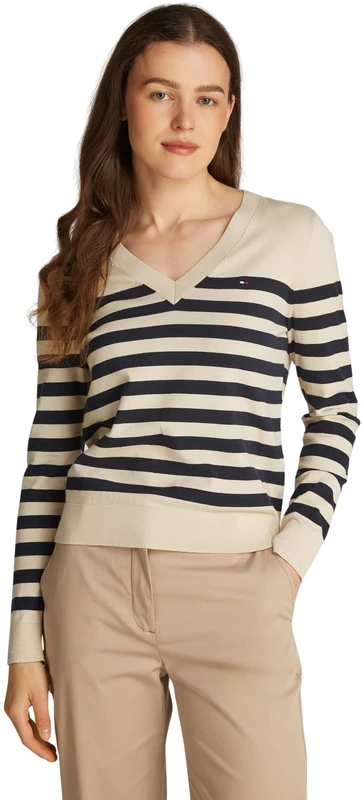 Tommy Hilfiger Women's V-Neck Jersey Jumper, Multicolor (Her STP Dark Night Navy/Country Iv), S