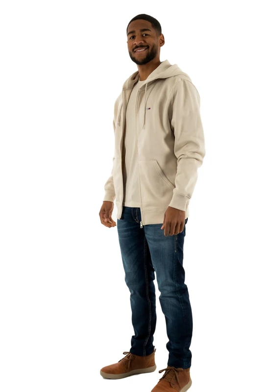 Tommy Jeans Men’s Flag Fleece Zip Through Hoodie, Off-White (Newsprint), XS