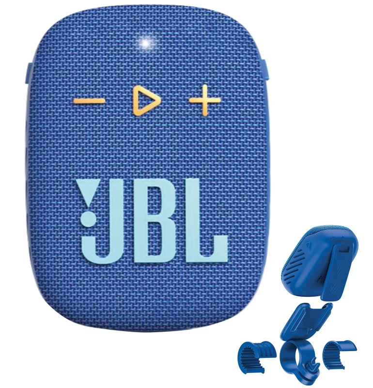 JBL Wind 3S Blue portable Bluetooth speaker, 5 W RMS, 84 dB, 110 Hz–20 kHz, 1.75" driver, IP67 waterproof, 1050 mAh battery, Bluetooth 5.0, USB-C, handlebar mount, outdoor