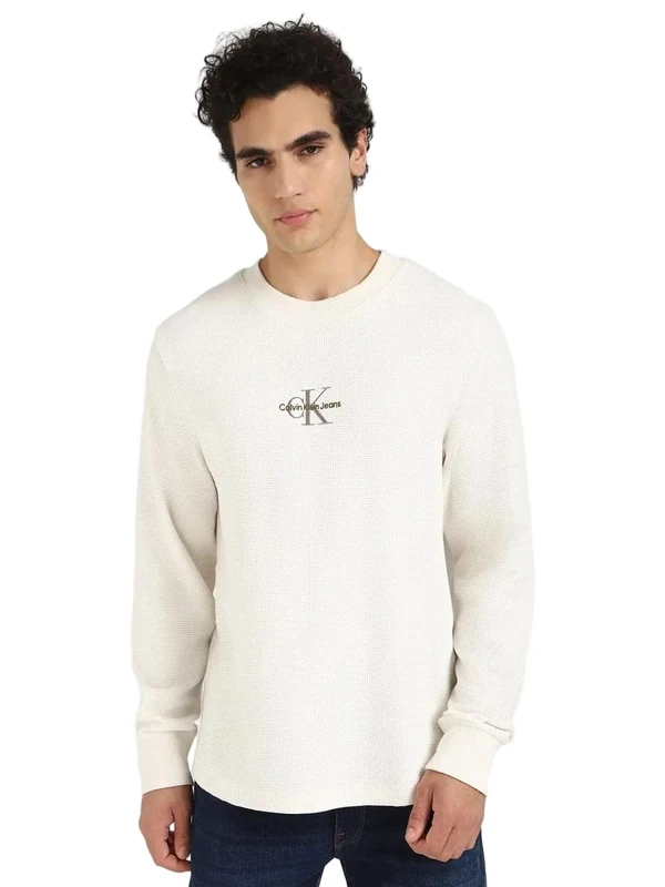 Calvin Klein Men’s Monologo Waffle Round Neck Sweatshirt, Off-White (Ivory), XXS