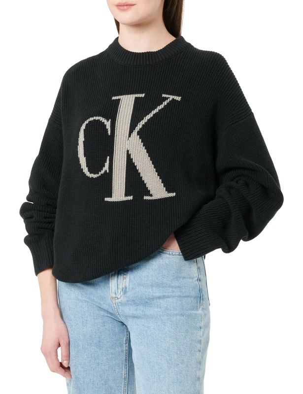 Calvin Klein Jeans Women's CK Intarsia HIGH Neck Sweater J20J224799 Pullover Sweater, Black (Ck Black), S