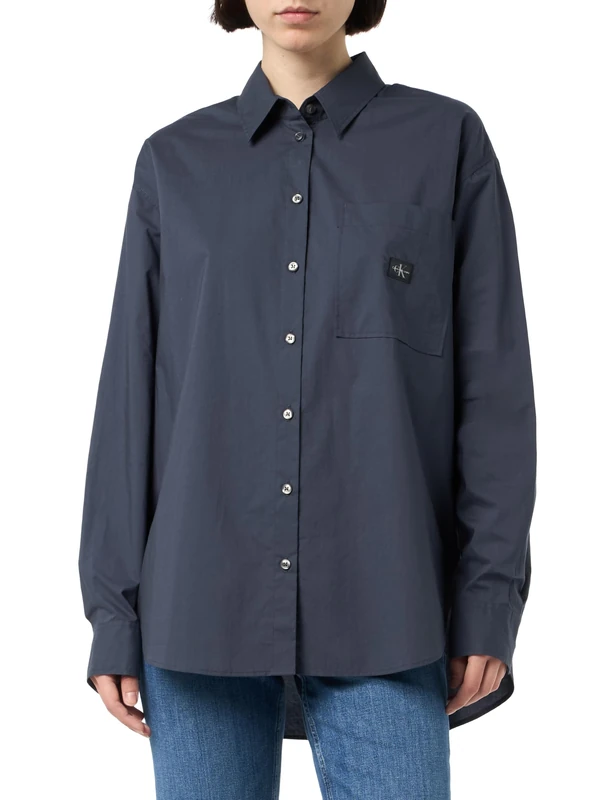 Calvin Klein Women’s Woven Label Relaxed Fit Shirt, Blue (India Ink), L