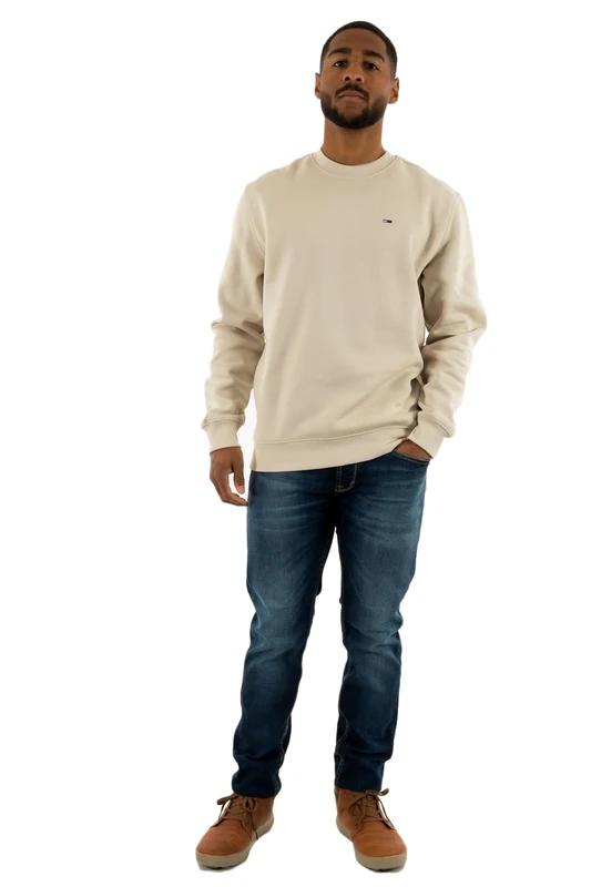 Tommy Jeans Men’s Round Neck Regular Fit Flag Fleece Sweatshirt, Off-White (Newsprint), XS