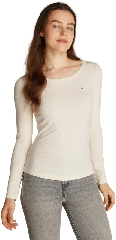 Tommy Hilfiger Women’s Long Sleeve Round Neck Slim Fit Top, Beige (Calico), L