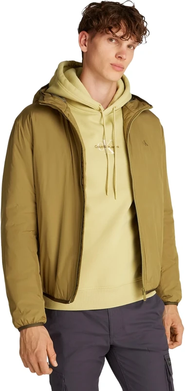 Calvin Klein Men’s High Neck Windbreaker with Hood, Green (Gothic Olive), M