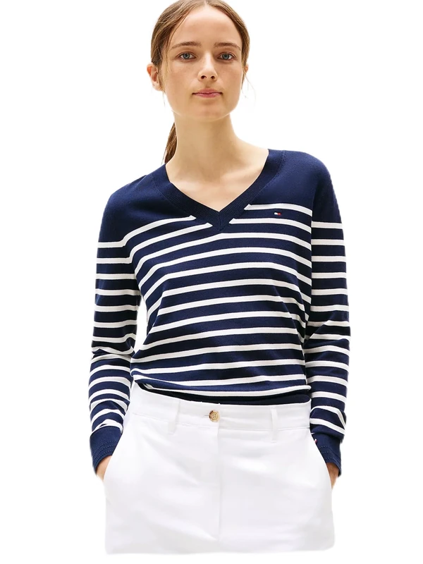 Tommy Hilfiger Women's V-Neck Jersey Jumper, Multicolor (Her STP Dark Night Navy/Country Iv), XS