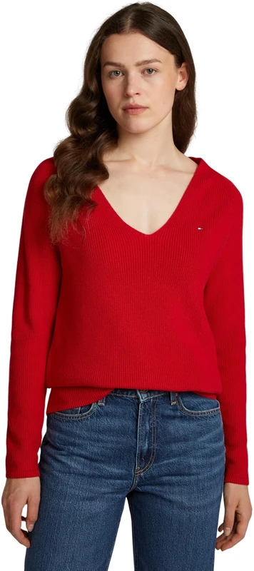 Tommy Hilfiger Women’s Fine Knit V-Neck Jumper, Red (Primary Red), M