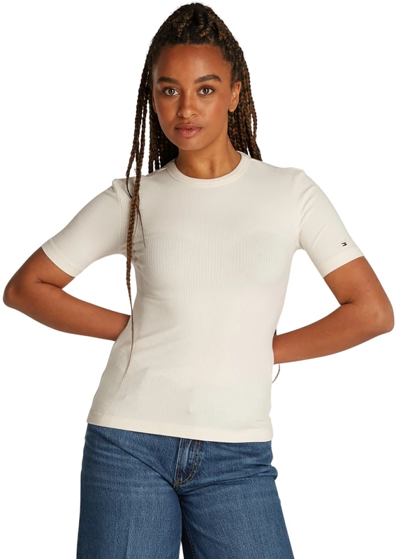 Tommy Hilfiger Women’s Short Sleeve Ribbed Round Neck T-Shirt, Beige (Calico), XXL