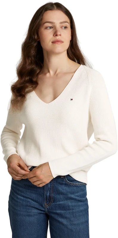 Tommy Hilfiger Women’s Fine Knit V-Neck Jumper, Off-White (Ivory Petal), XXS