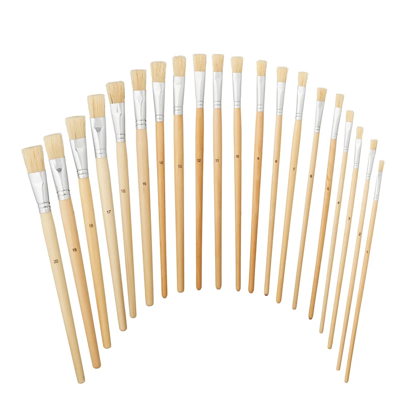 Relaxdays Brushes, 20-Piece Set, Acrylic, Oil & Watercolours, Hobby & School, Hog Bristles, Painting, Natural, Wood, 33 x 2.4 x 1.7 cm