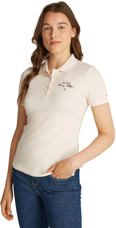 Tommy Hilfiger Women’s Script Graphic Slim Fit Short Sleeve Polo Shirt, Off-White (Ivory Petal), L