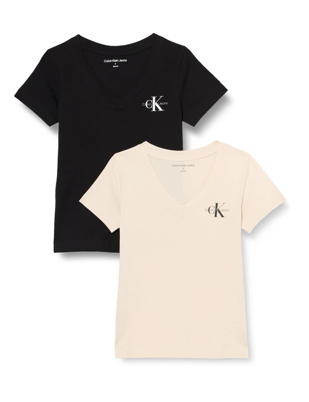 Calvin Klein Women’s 2 Pack Monologo Short Sleeve V-Neck T-Shirt, Multicolor (Moonbeam/Ck Black), S