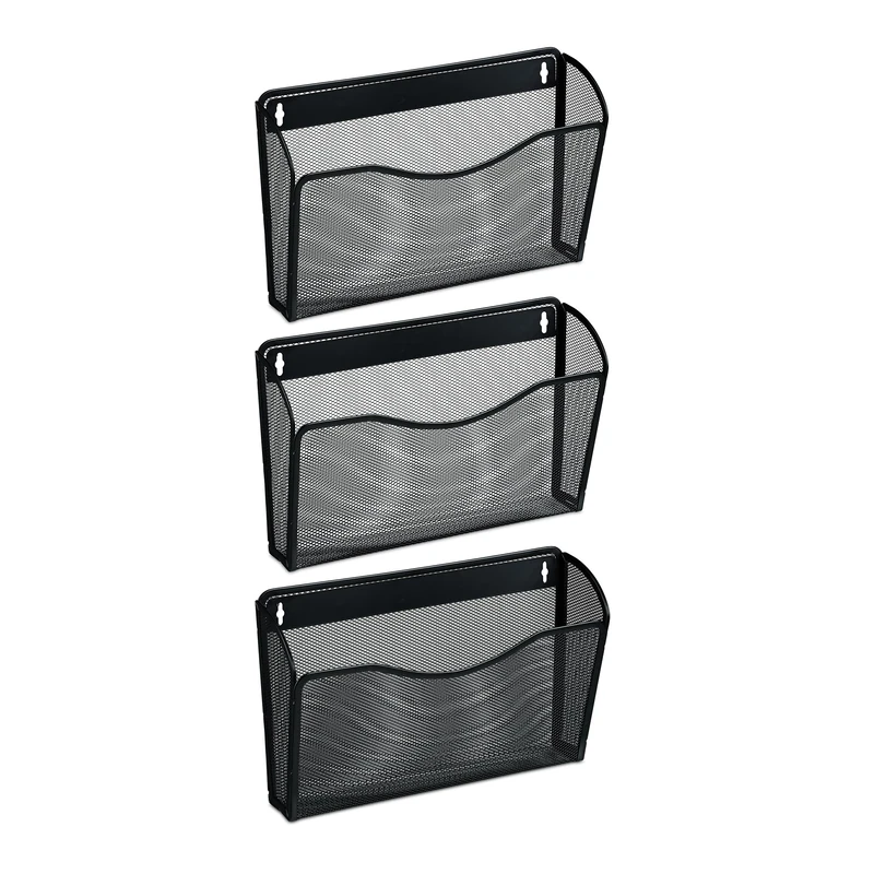 Relaxdays Magazine Holder, Set of 3, A4, Iron, Hang on Wall, HxWxD: 22 x 35.5 x 8.5 cm, Newspaper Storage Rack, Black