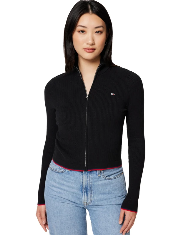 Tommy Jeans Women’s Slim Fit Cable Knit Zipped Jumper, Black (Black), L
