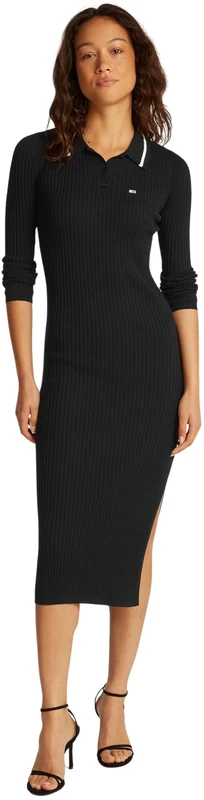Tommy Jeans Women’s Midi Polo Dress with Leg Slit, Black (Black), L