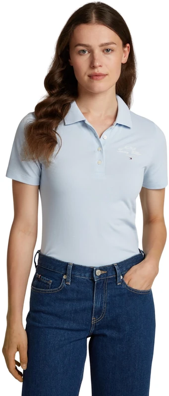 Tommy Hilfiger Women’s Script Graphic Slim Fit Short Sleeve Polo Shirt, Blue (Breezy Blue), XS