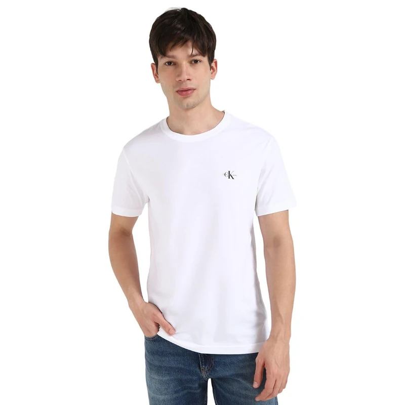 Calvin Klein Men's 2 Pack Monologo Short Sleeve Round Neck T-Shirts, Multicolor (Rock Ridge/Bright White), XXS