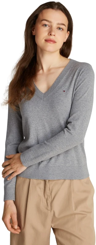 Tommy Hilfiger Women's V-Neck Jersey Jumper, Grey (Mid Grey Heather), XL
