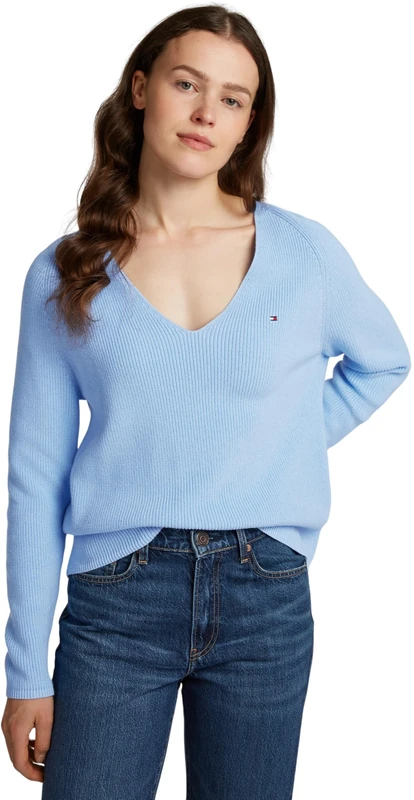 Tommy Hilfiger Women’s Fine Knit V-Neck Jumper, Blue (Vessel Blue), XL