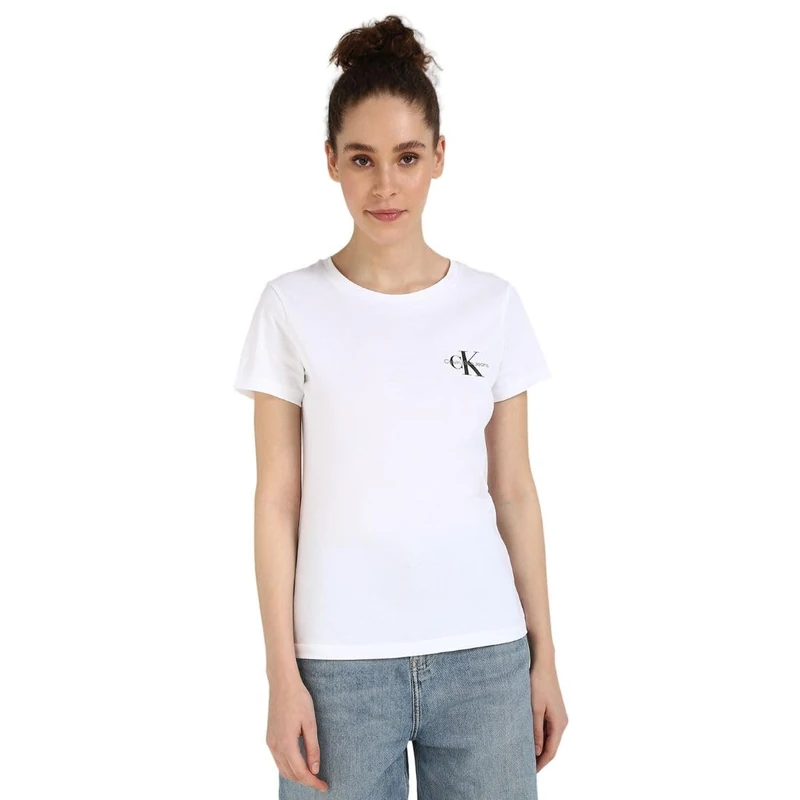 Calvin Klein Women's 2 Pack Monologo Slim Short Sleeve Round Neck T-Shirts, Multicolor (Leek Green/Bright White), XXL