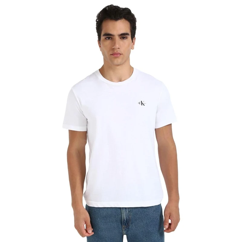 Calvin Klein Men's 2 Pack Monologo Short Sleeve Round Neck T-Shirts, Multicolor (India Ink/Bright White), L
