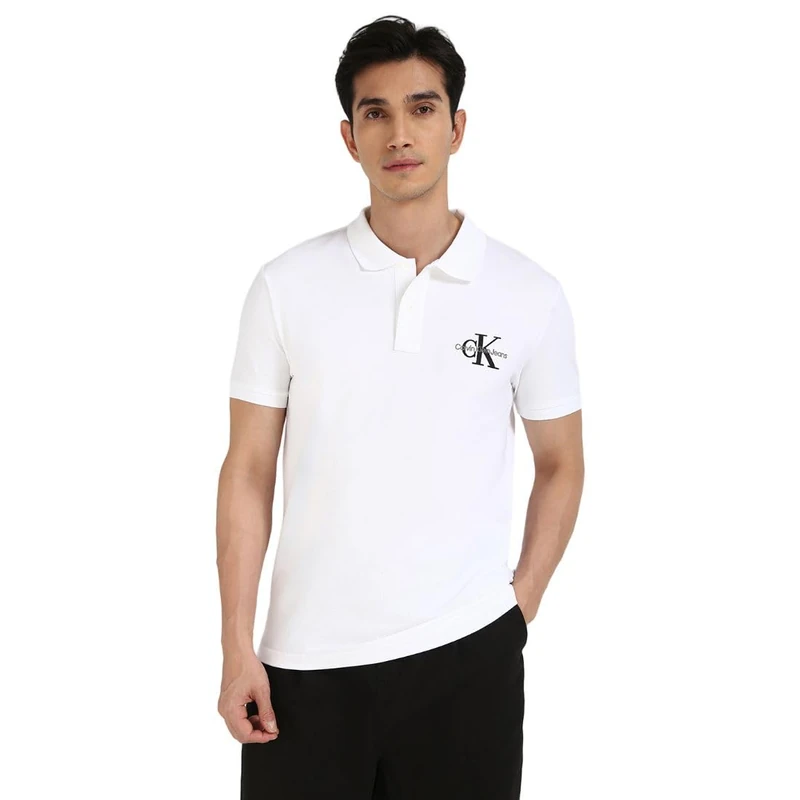 Calvin Klein Men’s Monologo Regular Fit Short Sleeve Polo Shirt, White (Bright White), M