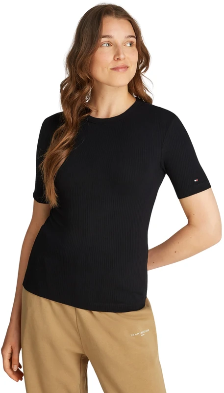 Tommy Hilfiger Women’s Short Sleeve Ribbed Round Neck T-Shirt, Black (Black), M