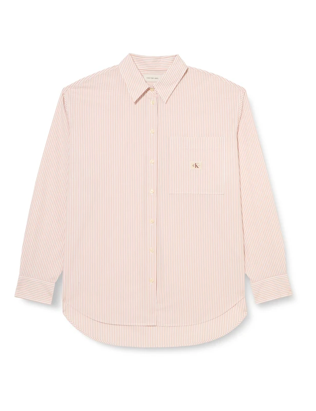 Calvin Klein Women’s Woven Label Relaxed Fit Shirt, Multicolor (Tuscany/White Stripe), M