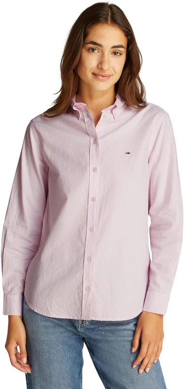 Tommy Jeans Women’s Regular Fit Oxford Shirt, Multicolor (Pink/White Stripe), XL